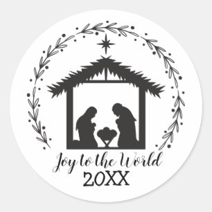 Sticker Rond Joie au monde Nativité noir et blanc Classique