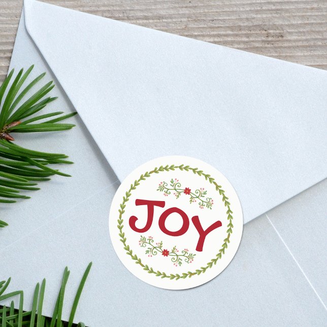 Sticker Rond JOIE avec les verts de fêtes (JOY with Holiday Greens | Sticker)