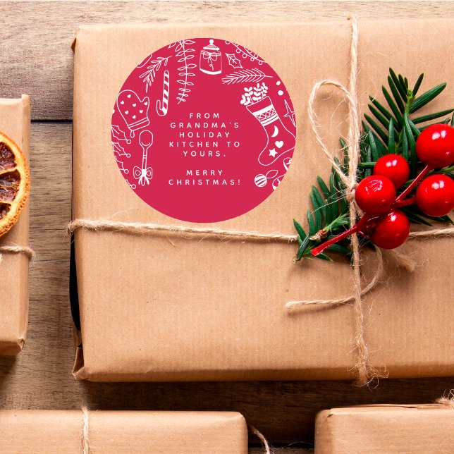 Sticker Rond Joie de Noël Rouge Fête de Cuisine Dessinée à la M (Créateur téléchargé)