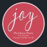 Sticker Rond Joie Noël Round Retour Adresse Label<br><div class="desc">Ajoutez une touche festive à votre correspondance de vacances avec ces étiquettes d'adresse de retour de joie rouge et blanc.</div>