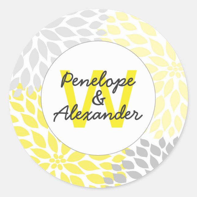 Sticker Rond joint monogramme mariage gris jaune dahlia (Devant)