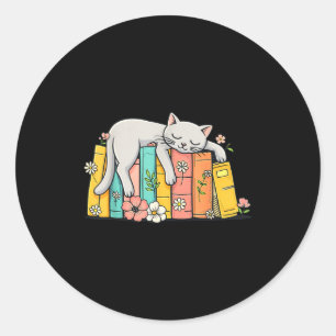 Sticker Rond Joli adorable chat endormi et livres livre cosy
