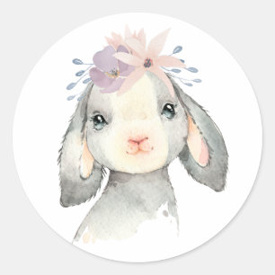 Sticker Rond Joli agneau bébé à l'aquarelle avec des fleurs