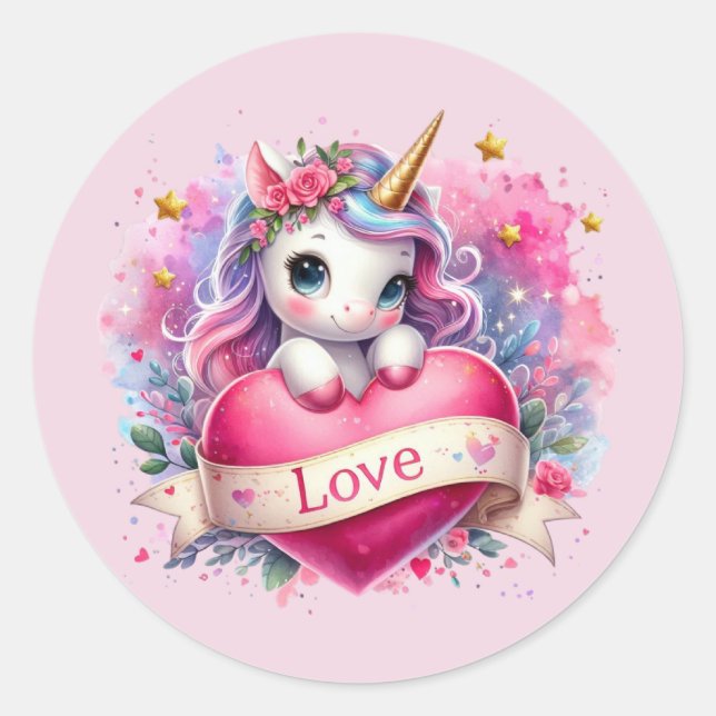 Sticker Rond Joli amour de la Saint-Valentin licorne  (Devant)