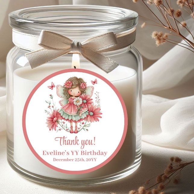 Sticker Rond Joli Anniversaire Fille Fleurs Roses Fée Caprice M (Cute Whimsy Fairy Pink Flowers Girl Birthday Stickers)