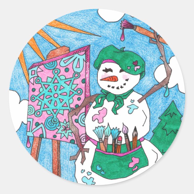 Sticker Rond Joli Artiste Art Snowman Fête Noël (Devant)