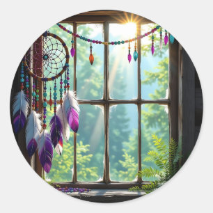 Sticker Rond Joli attrape-rêves boho violet dans la fenêtre