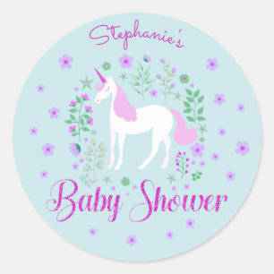 Sticker Rond Joli Baby shower Aqua rose Unicorne Personnalisé