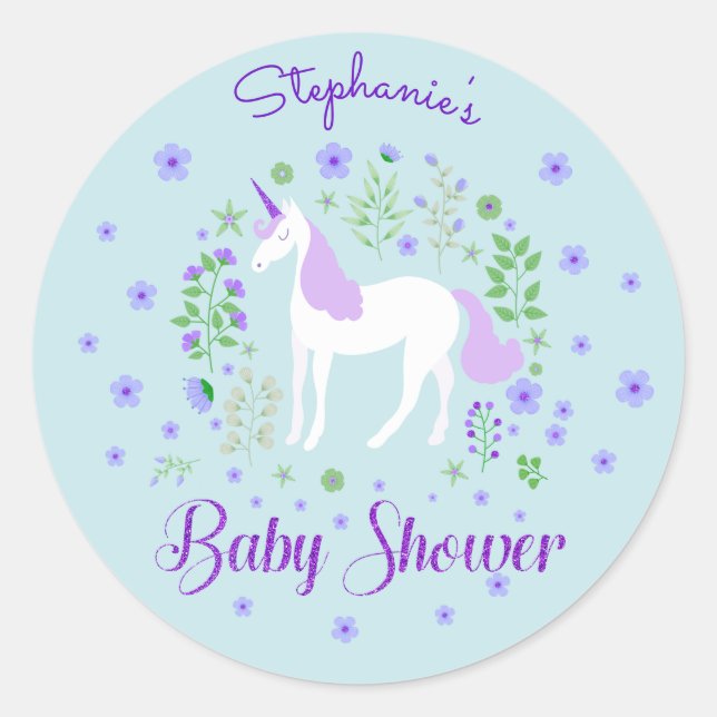 Sticker Rond Joli Baby shower d'Aqua violet Unicorne (Devant)