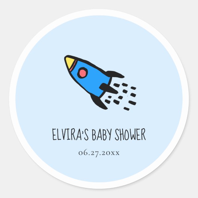 Sticker Rond Joli Baby shower de bébé garçon de roquette bleu (Devant)
