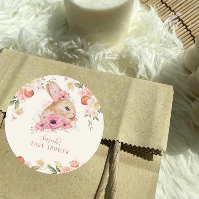 Sticker Rond Joli Baby shower de lapin à fleurs rose (Créateur téléchargé)