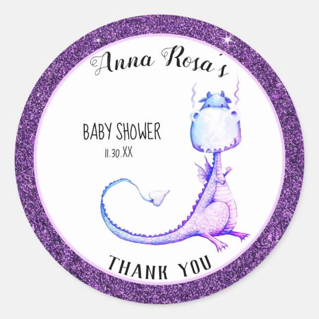 Sticker Rond * Joli Baby shower de Merci de dragon bleu violet (Devant)