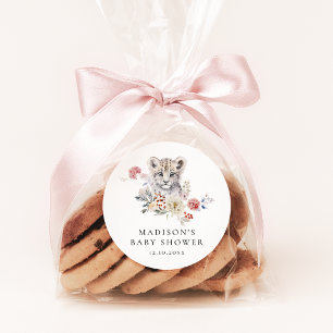 Sticker Rond Joli Baby shower d'hiver Léopard de neige en aquar