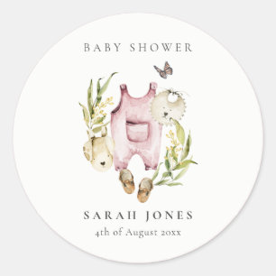Sticker Rond Joli Baby shower Feuilleté Rose Foliage Fille Vête