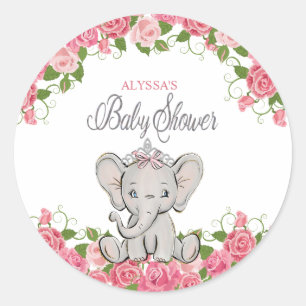 Sticker Rond Joli Baby shower Floral Princesse Elephant rose