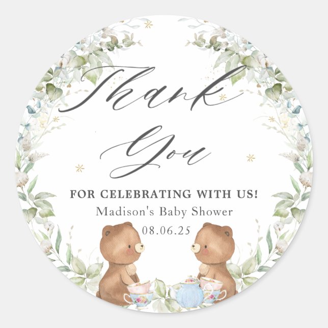 Sticker Rond Joli Baby shower Jumeaux High Tea Party Nounours (Devant)