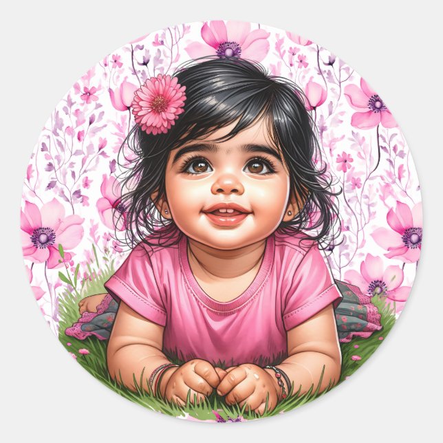 Sticker Rond Joli Baby shower rose floral de fille (Devant)