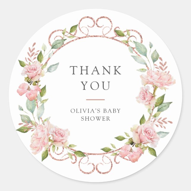 Sticker Rond Joli Baby shower rose Roses ou Merci Baptême (Devant)