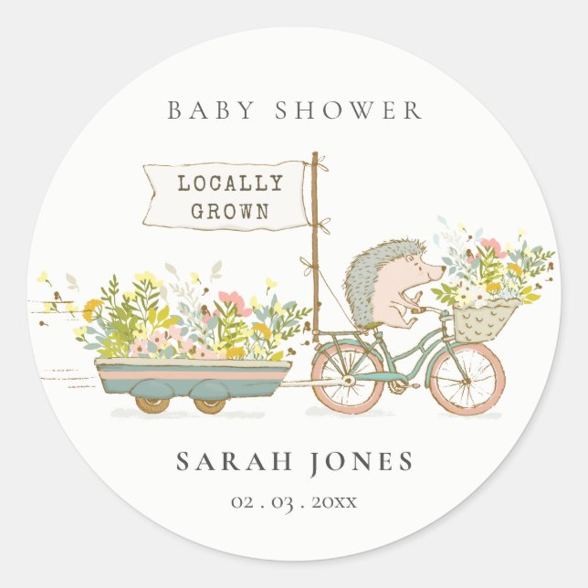 Sticker Rond Joli Baby shower Vélo Hérisson Cultivé Localement  (Devant)