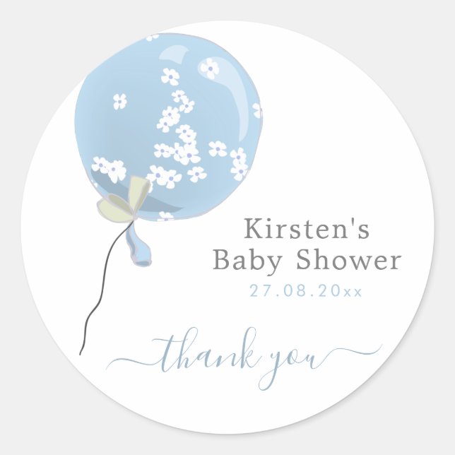 Sticker Rond Joli ballon floral bleu - Remerciement pour Baby S (Devant)