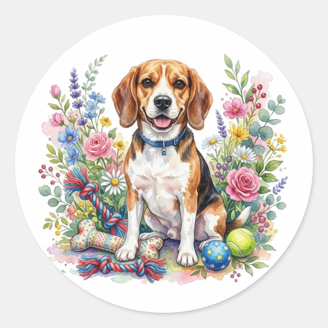 Sticker Rond Joli Beagle aquarelle dans les fleurs (Devant)