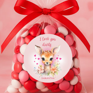 Sticker Rond Joli bébé cerf vous aime rose Joyeuse Saint Valent
