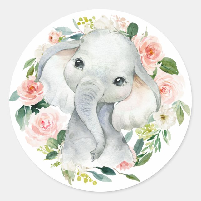 Sticker Rond Joli bébé fille Eléphant Enveloppe florale Sceau (Devant)