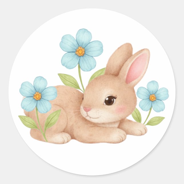 Sticker Rond Joli bébé lapin fleurs de lapin (Devant)