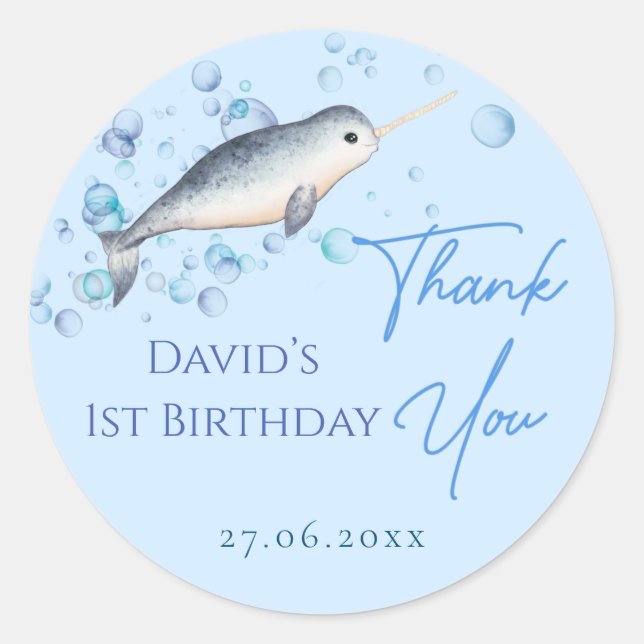 Sticker Rond Joli bébé Narwhal & Blue Bubbles (Devant)