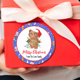 Sticker Rond Joli bébé ours avec joyeux Noël au zoo