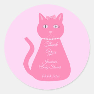 Sticker Rond Joli bébé rose fille chat Baby shower personnalisé