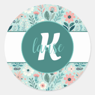 Sticker Rond Joli bleu et rose pastel Fleurs d'Art folklorique