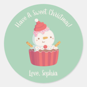 Sticker Rond Joli Bonhomme de Neige Cupcake, Joyeux Noël
