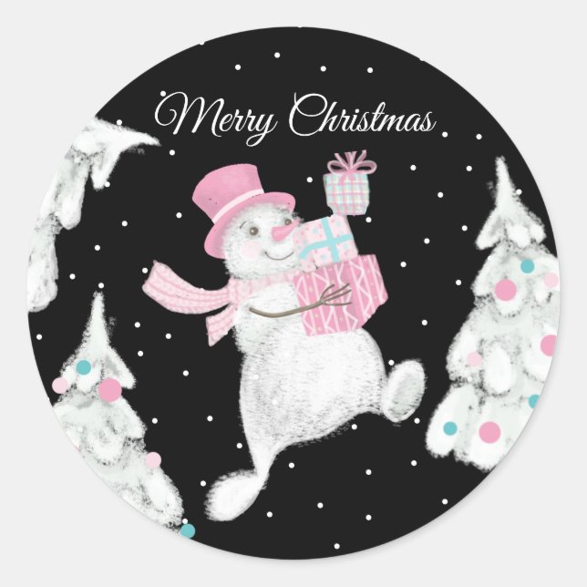 Sticker Rond Joli bonhomme de neige de Noël avec cadeaux neige  (Devant)