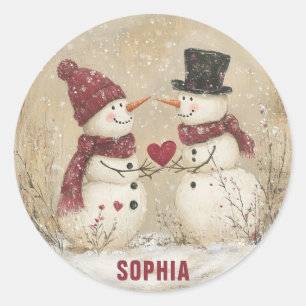 Sticker Rond Joli Bonhomme de Neige d'Hiver Cœur Ajouter Nom