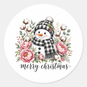 Sticker Rond Joli Bonhomme de Neige Joyeux Noël