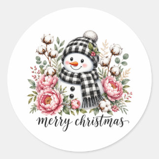 Sticker Rond Joli Bonhomme de Neige Joyeux Noël