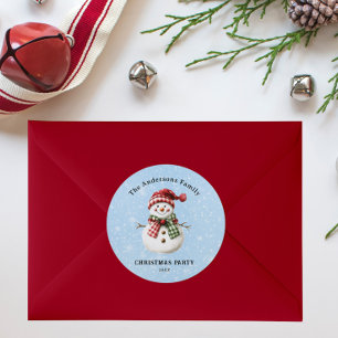 Sticker Rond Joli Bonhomme de Neige Joyeux Noël Fête de Famille