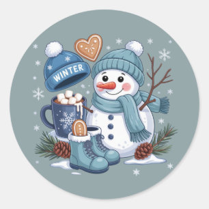 Sticker Rond Joli Bonhomme de Neige Saison Hivernale Ambiance N