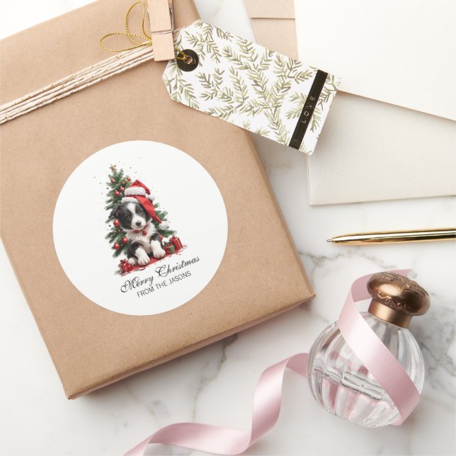 Sticker Rond Joli Bordure Collie Noël Chiot Personnalisé (Cadeaux)