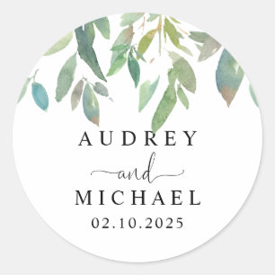 Sticker Rond Joli Botanique Vert Sage Vert Couple Mariage