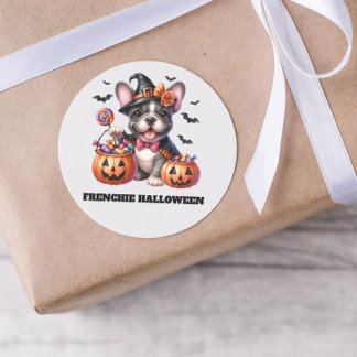 Sticker Rond Joli bouledogue français Halloween Candy Sorcière