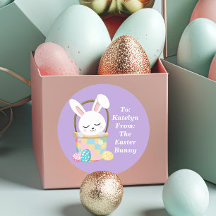Sticker Rond Joli Bunny Pâques Violet Personnalisable Enfants