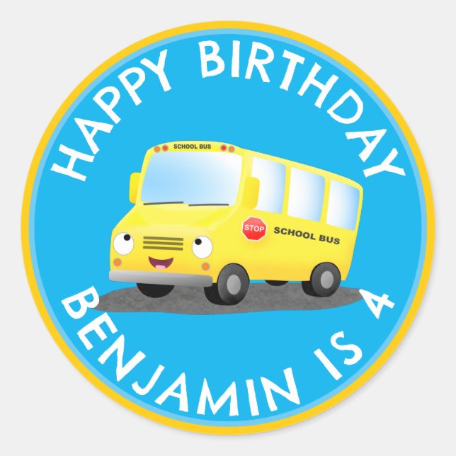 Sticker Rond Joli bus scolaire jaune joyeux anniversaire person (Devant)