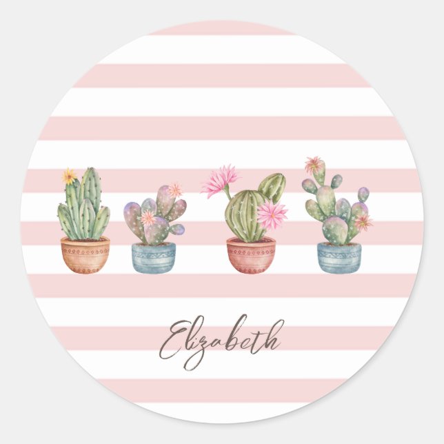 Sticker Rond Joli Cactus Motif Rayé Rose Blanc (Devant)