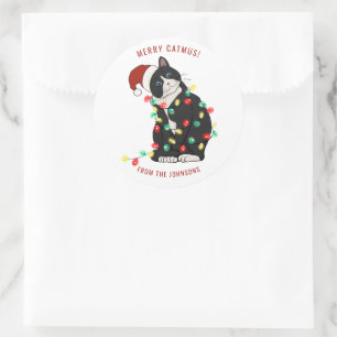 Sticker Rond Joli Cadeau Personnalisé Joyeux CatMus Noël Drôle