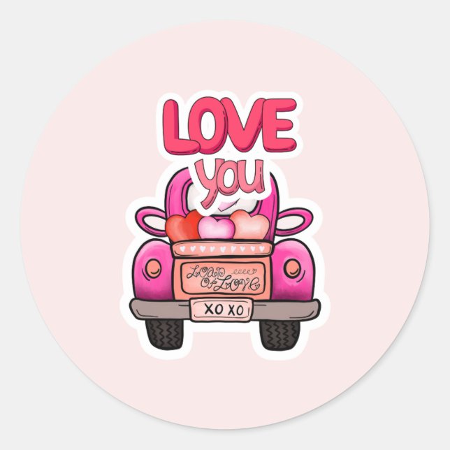 Sticker Rond Joli camion rose de la Saint-Valentin "Je t'aime"  (Devant)