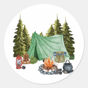Sticker Rond Joli Camping Thème Feu de Campement, Tente, Forêt