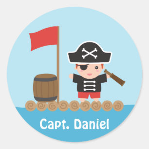 Sticker Rond Joli capitaine pirate océan radeau garçon