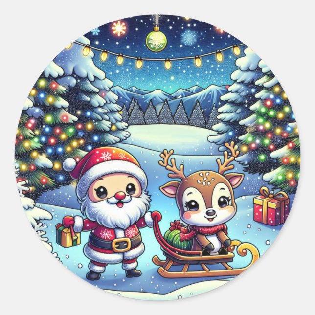 Sticker Rond Joli Cartoon Père Noël et Reindeer Noël (Devant)